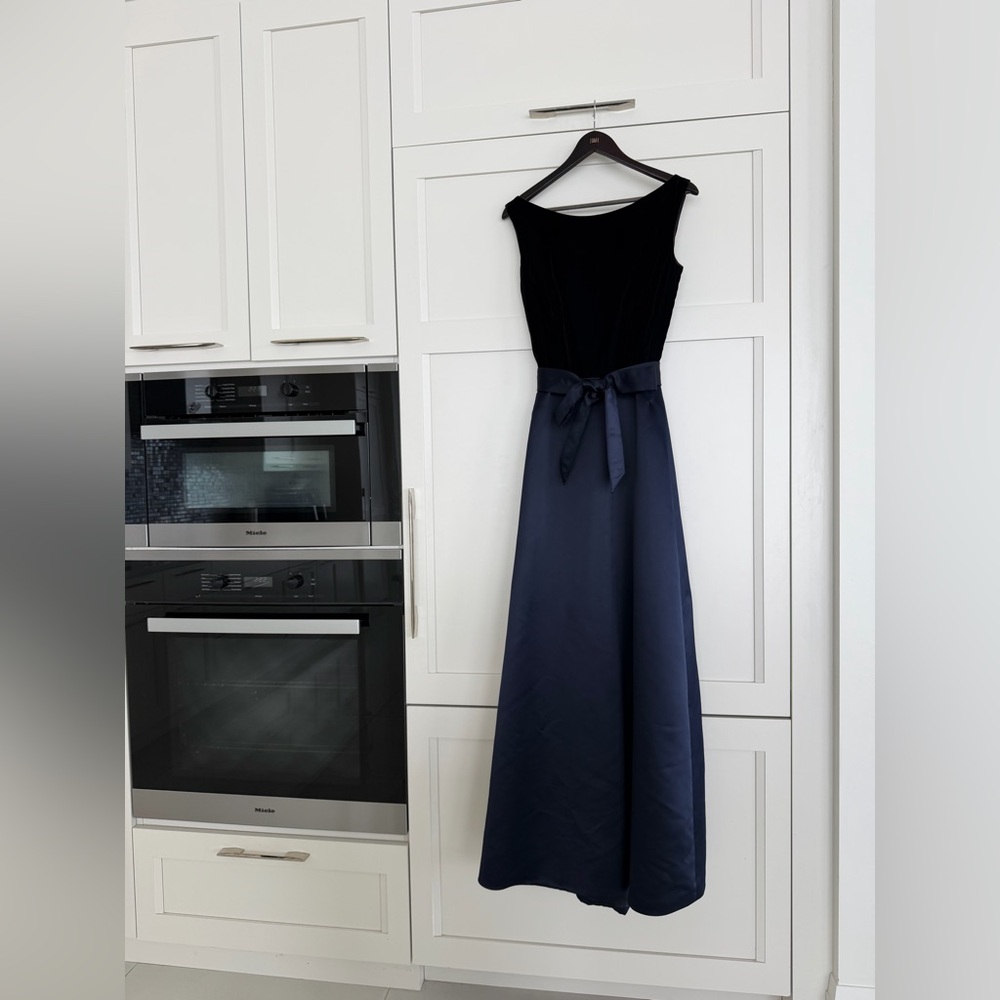 Catherine Regehr Black Velvet Bodice Navy Maxi Dress with Waist Tie